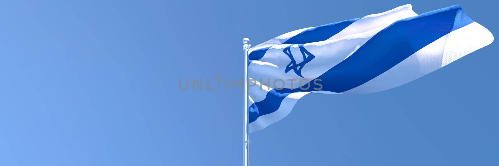 3D rendering of the national flag of Israel waving in the wind against a blue sky