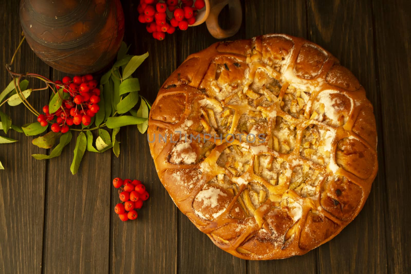 Autumn apple pie on a brown saucer. Rowan branches in the dark background