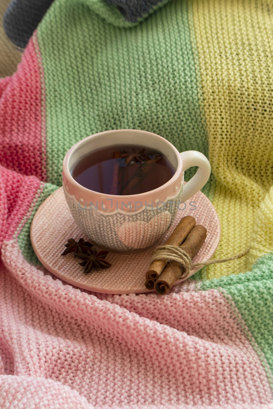 Winter composition with a colorful knitted plaid, a cup of tea with cinnamon and anise. Autumn and winter holidays, the atmosphere of home comfort, vertical image