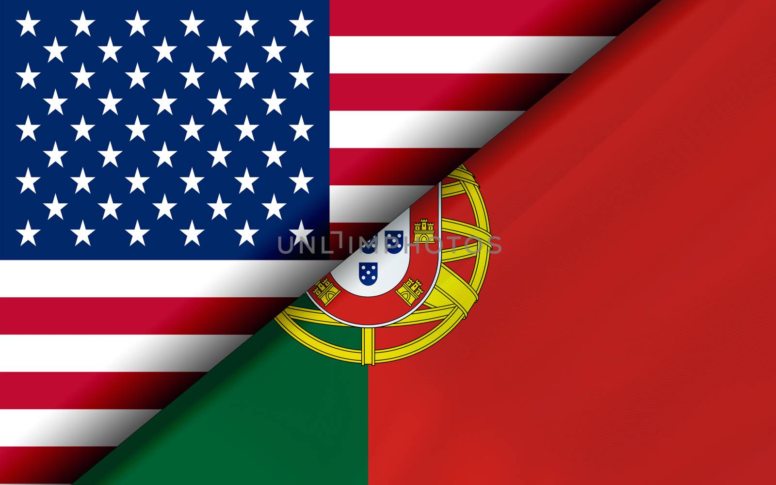 Flags of the USA and Portugal divided diagonally. 3D rendering