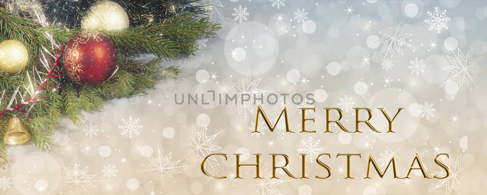 Beautiful background with bokeh and snowflakes for a Christmas greeting card with decorations on the branches of the tree and a greeting message. Banner, copy space.