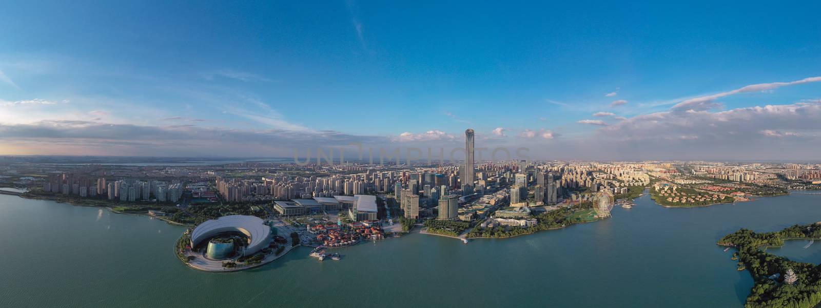 City buildings by Jinji Lake in Suzhou, China. Photo in the industrial park in Suzhou, China.