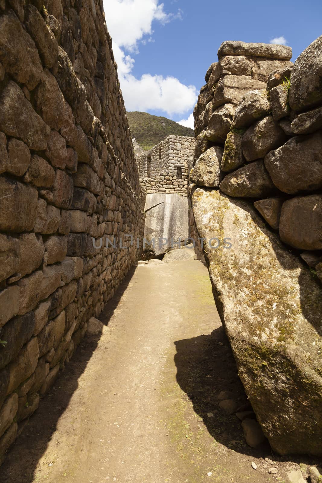 Machu Picchu, Peru - April 6, 2014: Architecture and details of the ancestral constructions and buildings of the Inca civilization, in Machu Picchu, Peru.