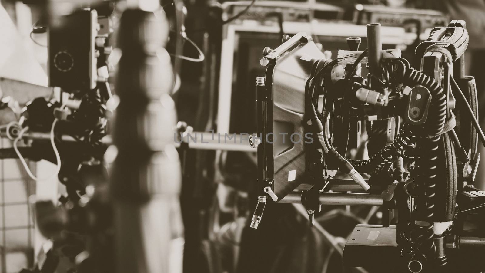 Film industry. Image of professional camera and equipment background
