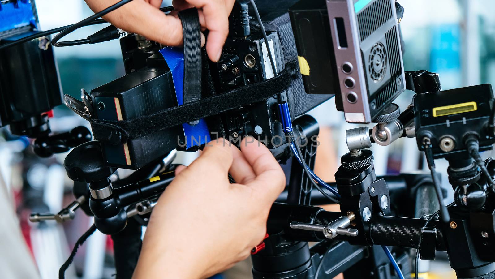 Film industry. Image of professional camera and equipment background