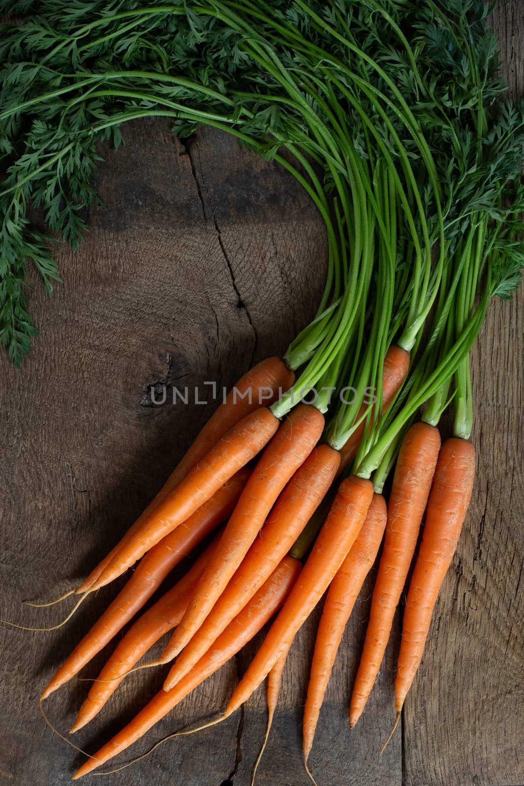 Fresh organic carrots on antique wooden table. Rustic kitchen concept