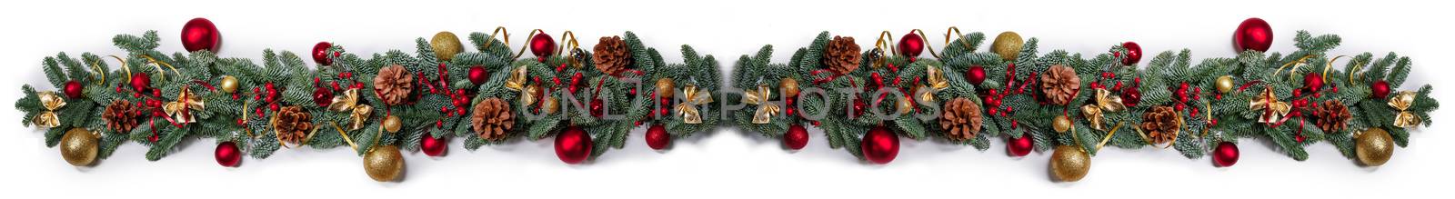 New Year and Christmas border design isolated on white background, fir tree branches ribbon bows golden and red decorative baubles and pine cones traditional design