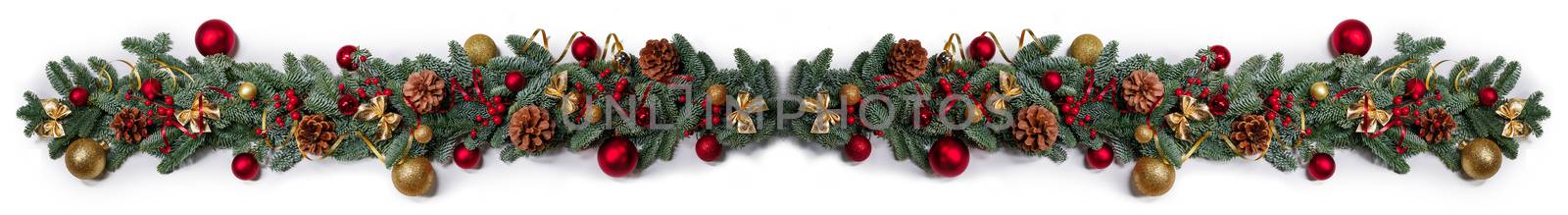 New Year and Christmas border design isolated on white background, fir tree branches ribbon bows golden and red decorative baubles and pine cones traditional design