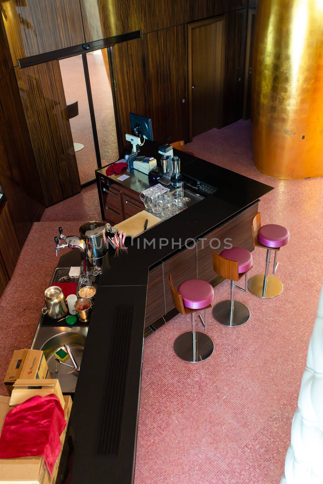 Bar counter interior for a small establishment.