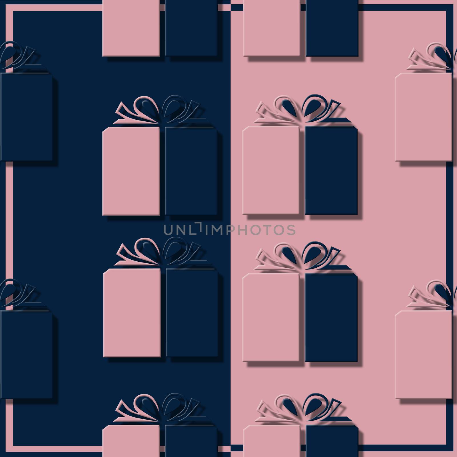 Trendy seamless pattern for Christmas, birthday. Blue Pink gift box. 3D illustration