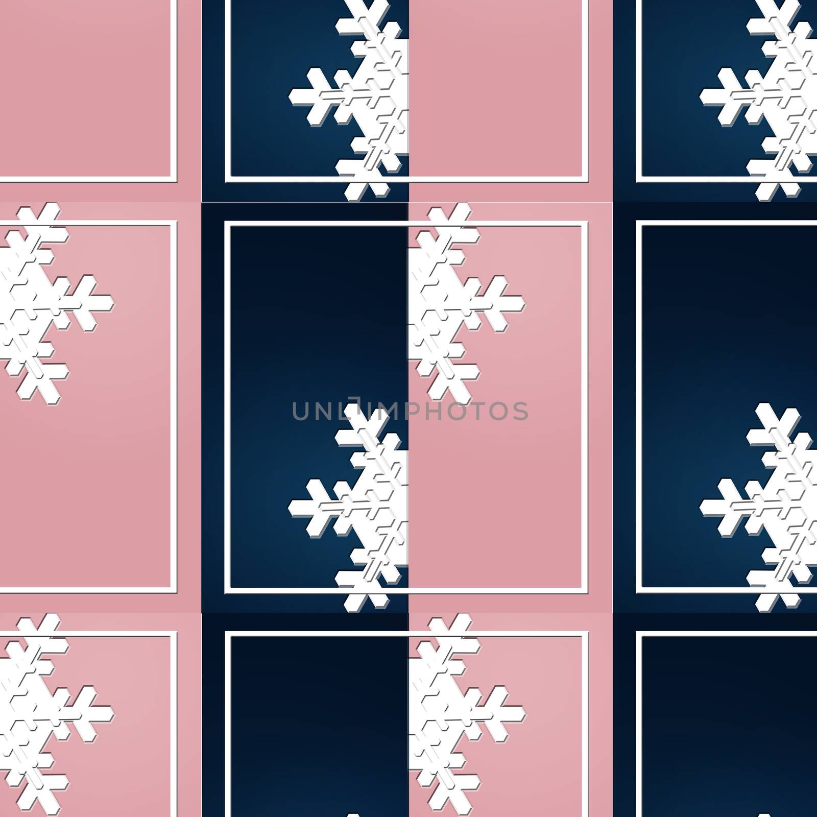 Trendy seamless pattern for Christmas in Blue Pink colour and white snowflakes. 3D illustration