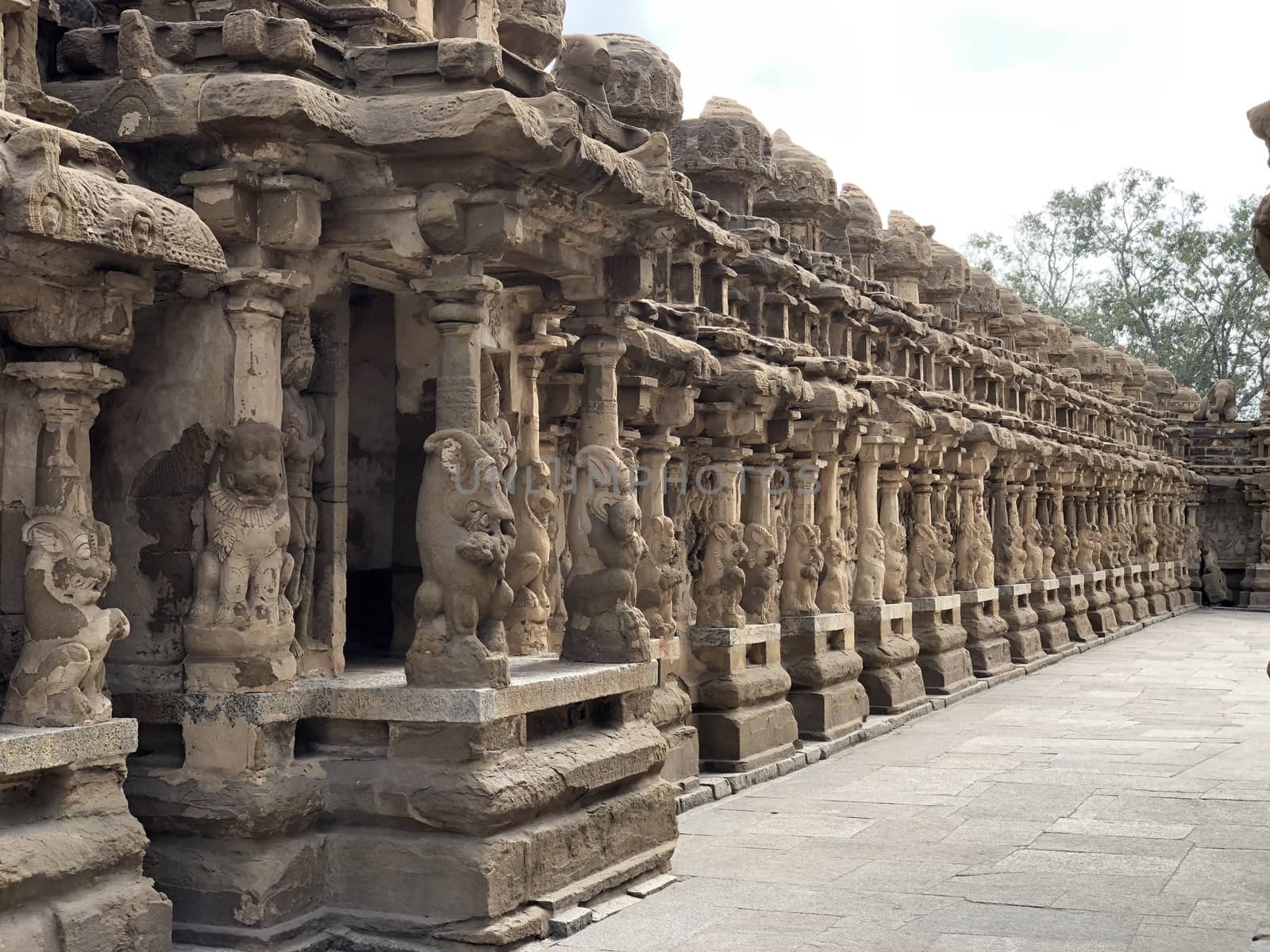 Beautiful view of row of pillars with carvings of sandstone sculpture of Hindu Gods and Lion animals in the ancient temple at Kanchipuram, Tamilnadu