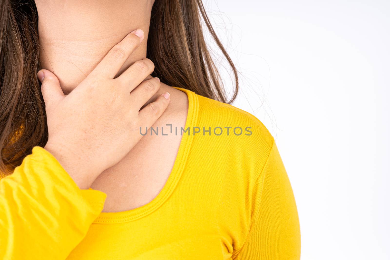 Female hand touching thyroid nodule. Medical, healthcare for advertising concept.