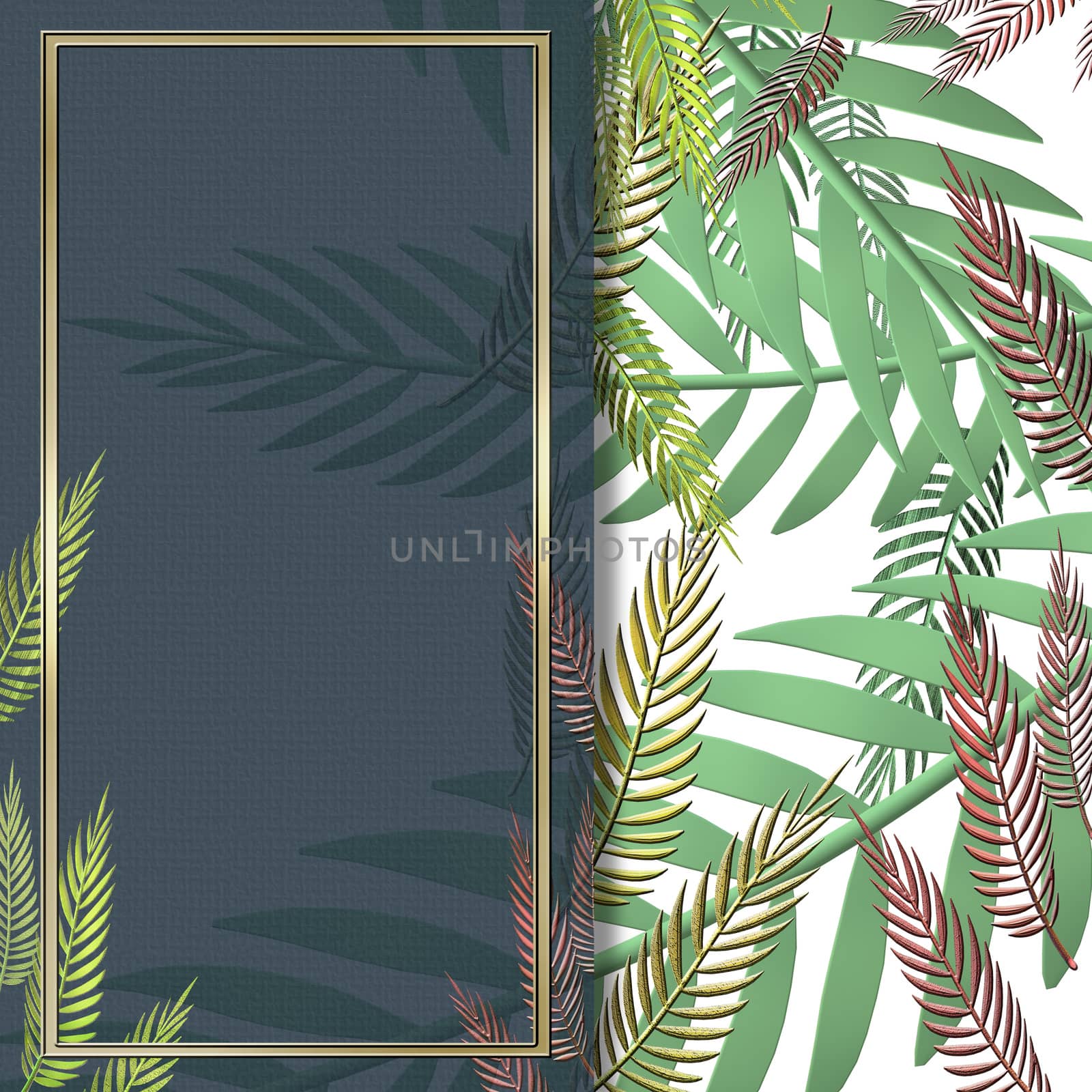 Card with tropical vibrant green leaves design. FLoral design with leaf greenery branches on white blue background with gold frame in 3D illustration