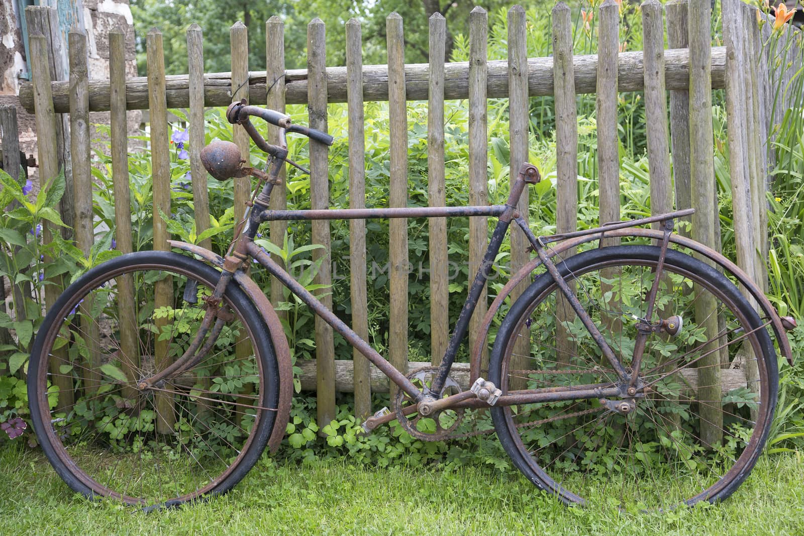 Old rusty bicycle leaning against a wooden fence