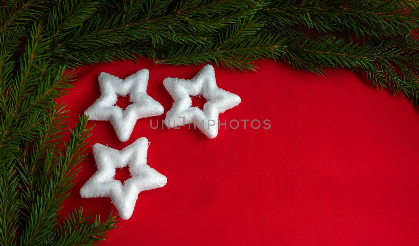 On a red background, three white stars and green fir branches . The concept of new year and Christmas.