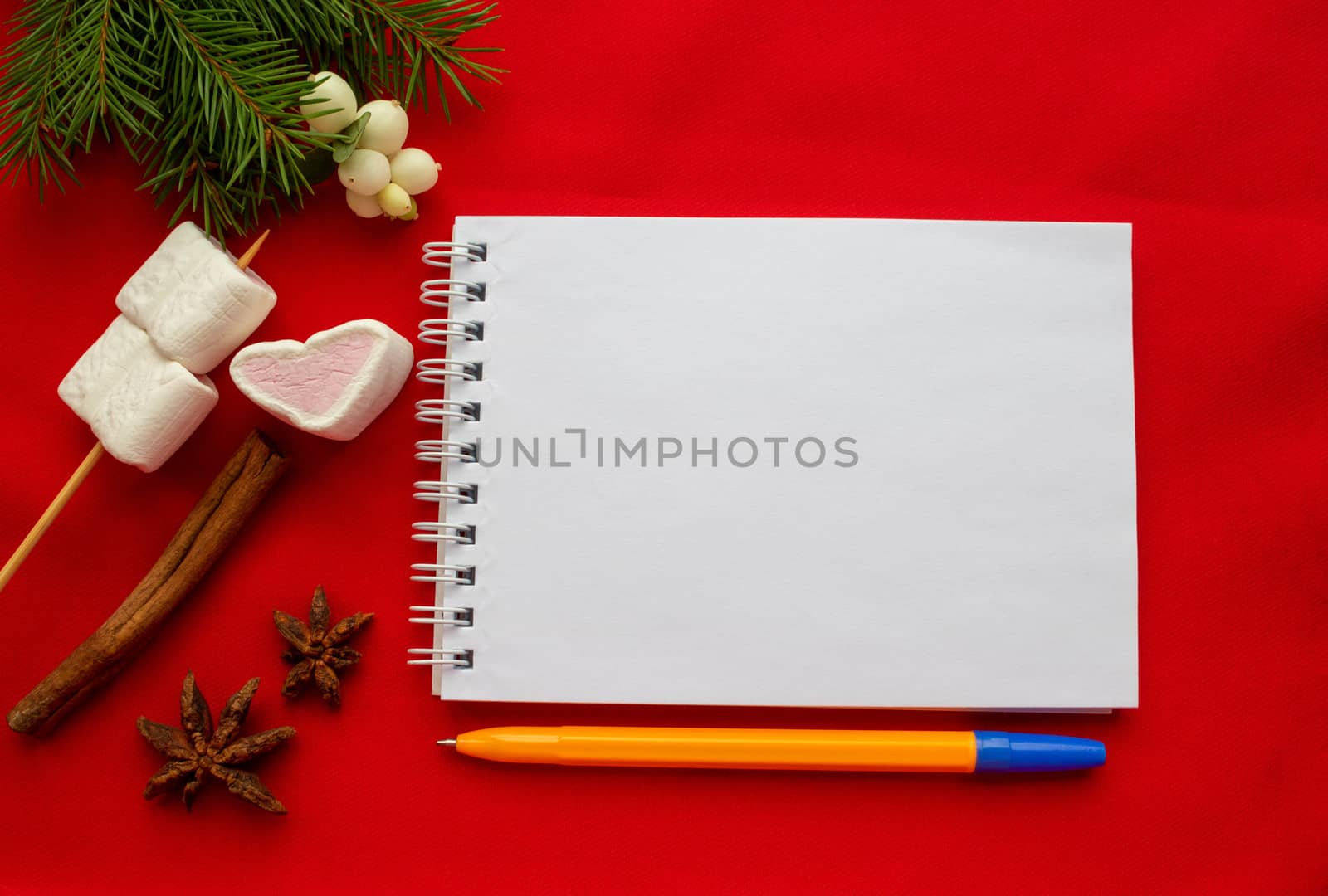 Christmas composition Notepad and fir branches on a red background