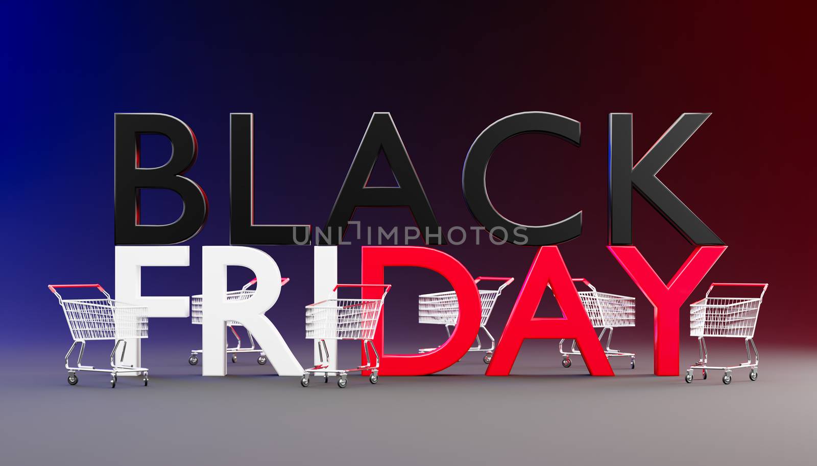 The word Black Friday is large on a dark background and has a shopping cart parked around it. Concept of shopping season on weekends of November every year. 3D rendering illustration.