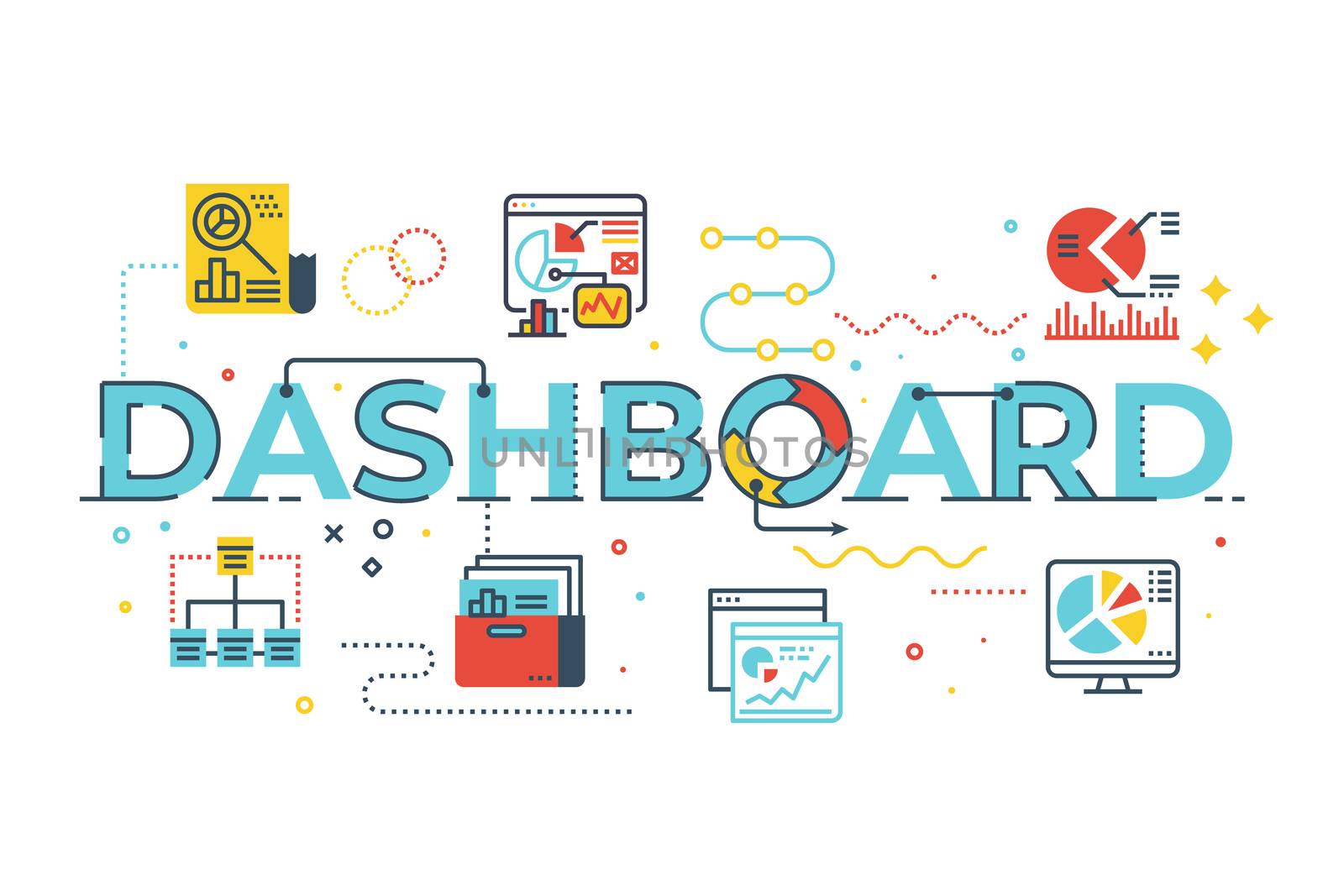 Dashboard word lettering illustration with icons for web banner, flyer, landing page, presentation, book cover, article, etc.