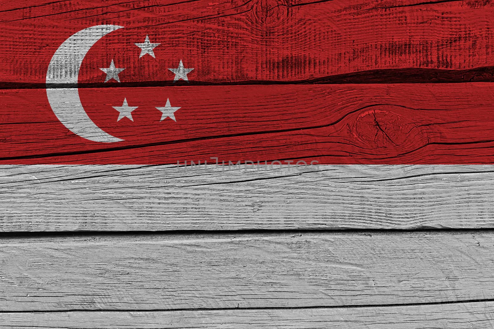 Singapore flag painted on old wood plank. Patriotic background. National flag of Singapore