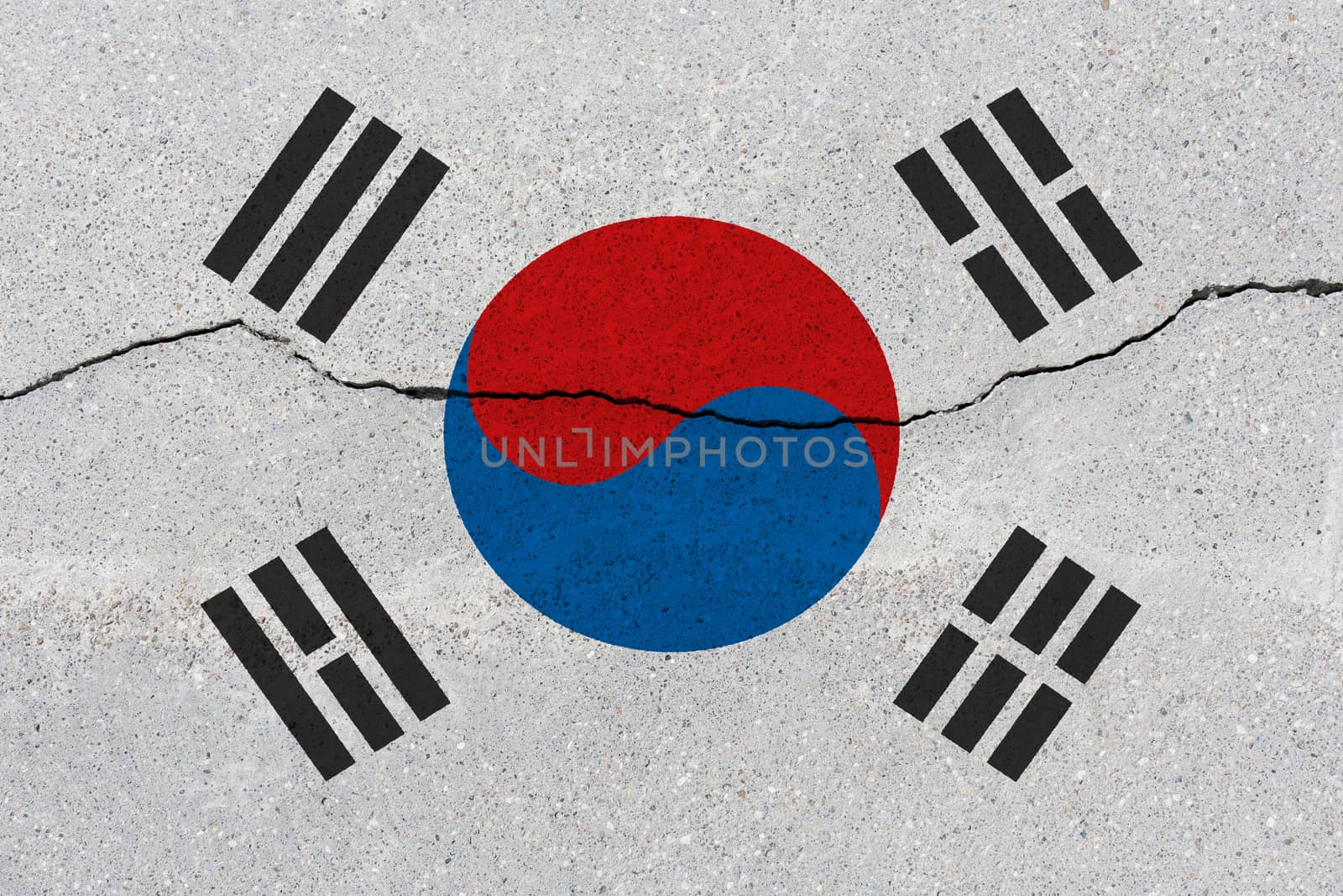 South korea flag on concrete wall with crack. Patriotic grunge background. National flag of South korea
