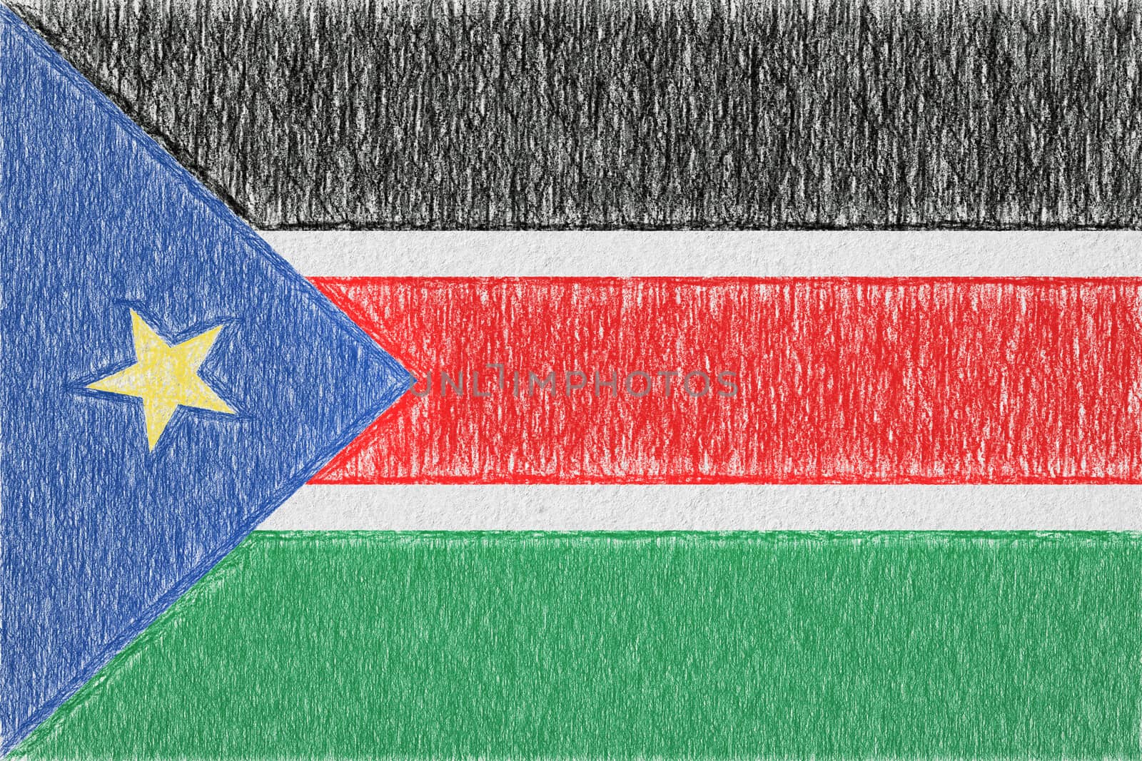 South Sudan painted flag. Patriotic drawing on paper background. National flag of South Sudan