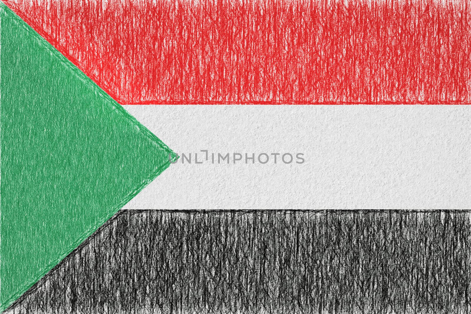 Sudan painted flag. Patriotic drawing on paper background. National flag of Sudan