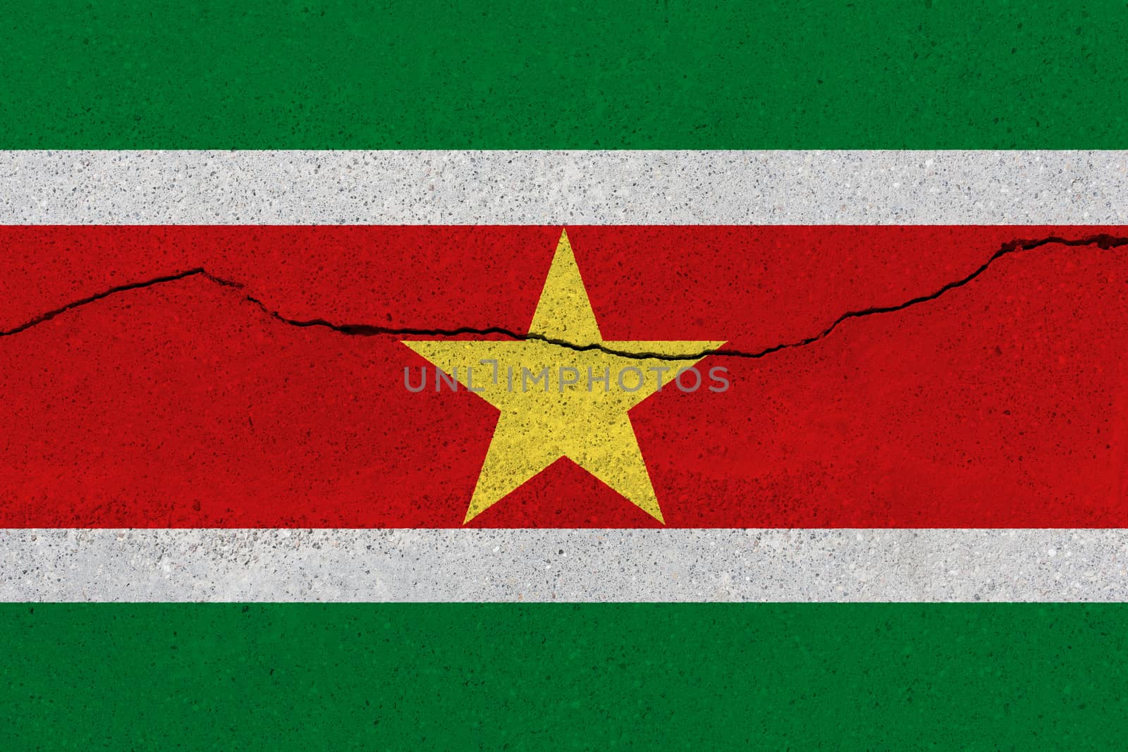 Suriname flag on concrete wall with crack by Visual-Content