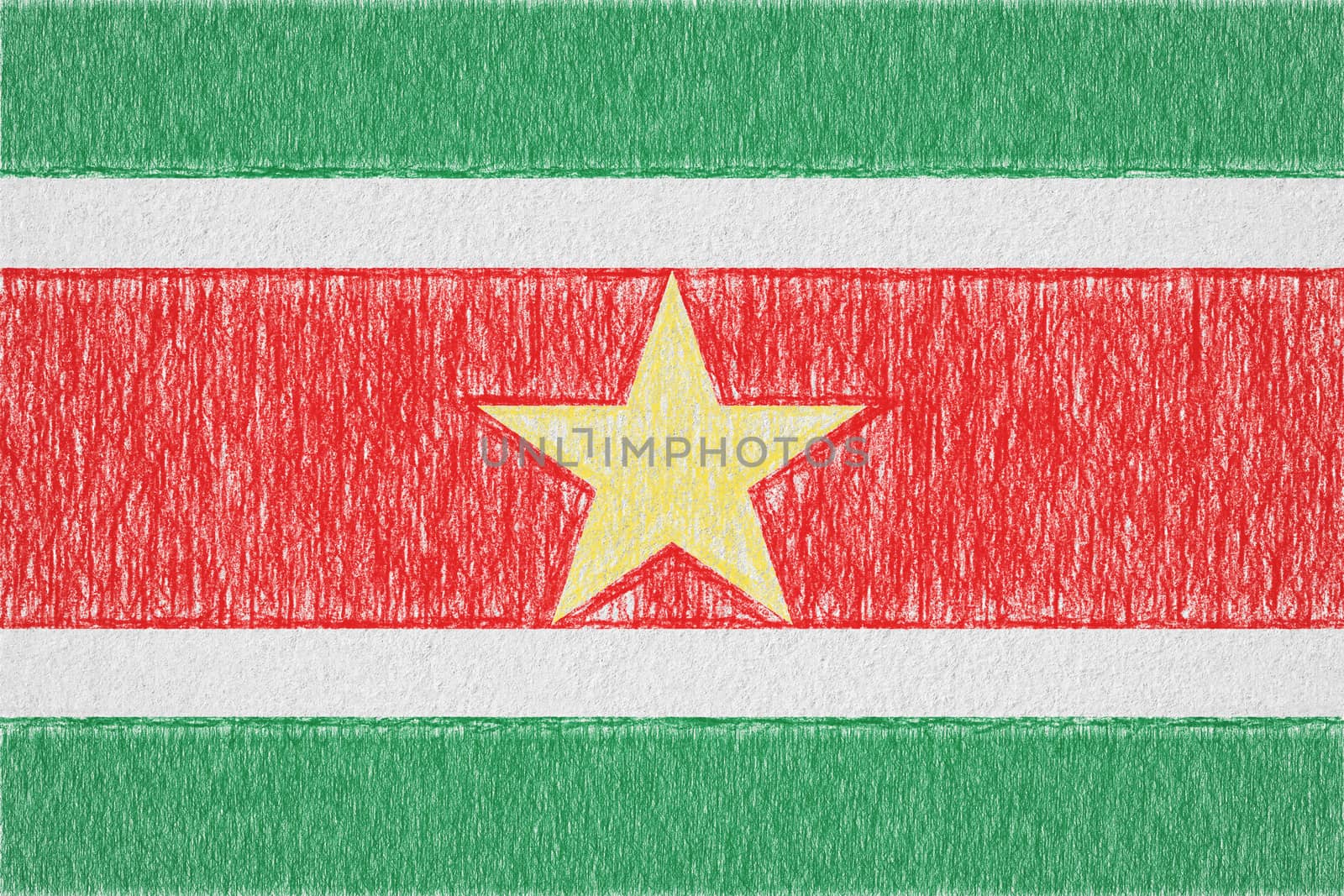 Suriname painted flag. Patriotic drawing on paper background. National flag of Suriname