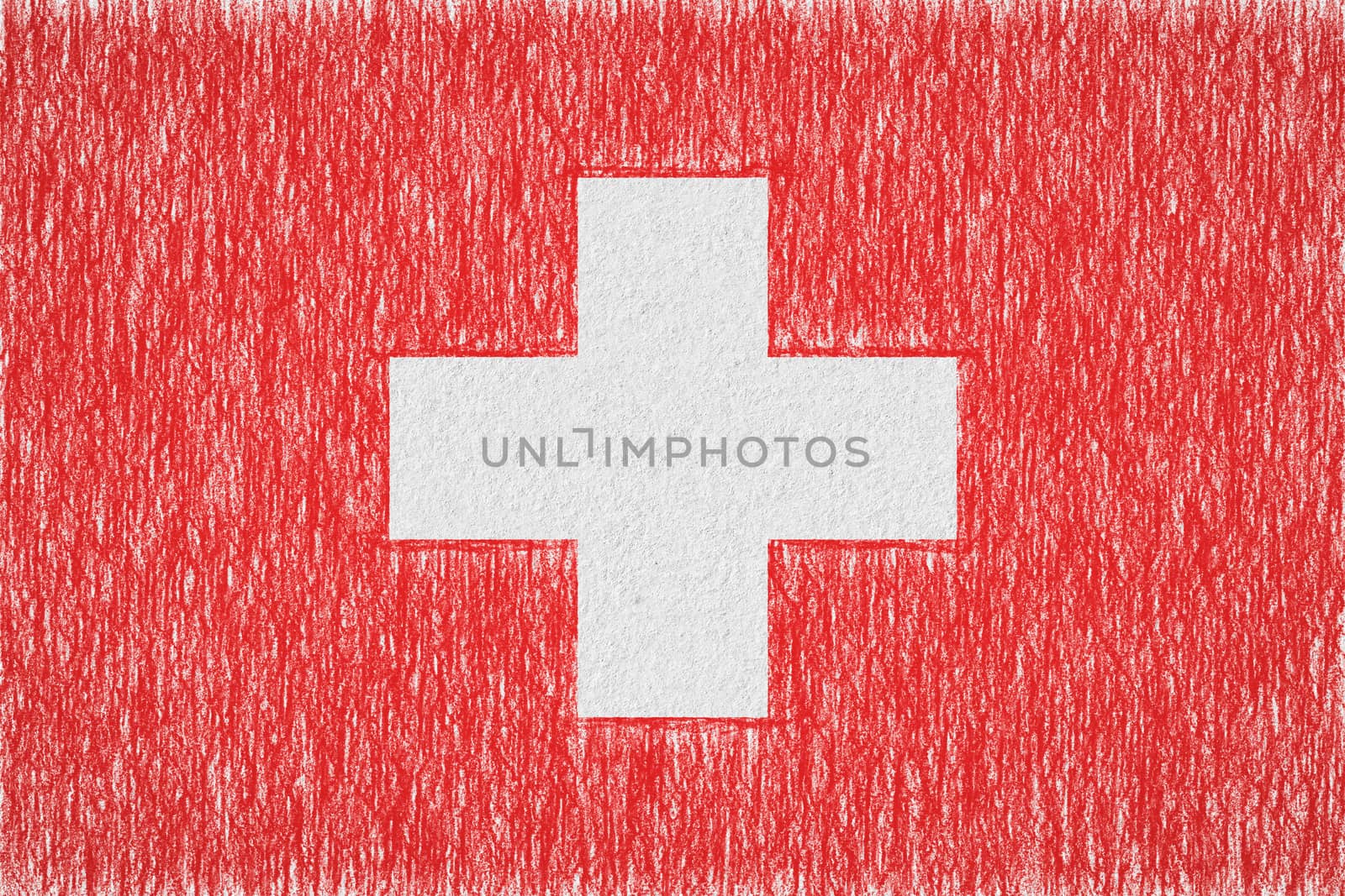 Switzerland painted flag. Patriotic drawing on paper background. National flag of Switzerland