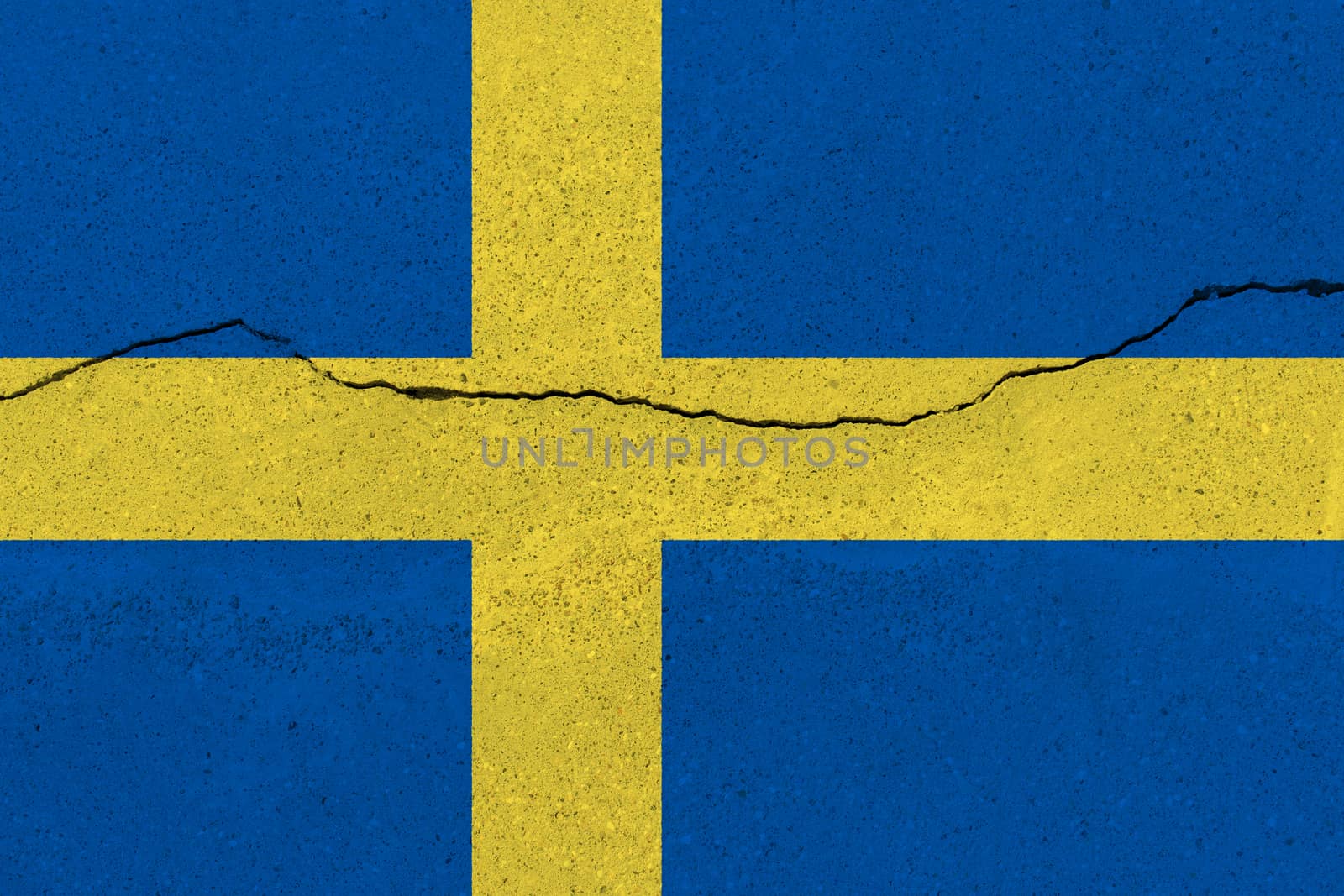 Sweden flag on concrete wall with crack. Patriotic grunge background. National flag of Sweden