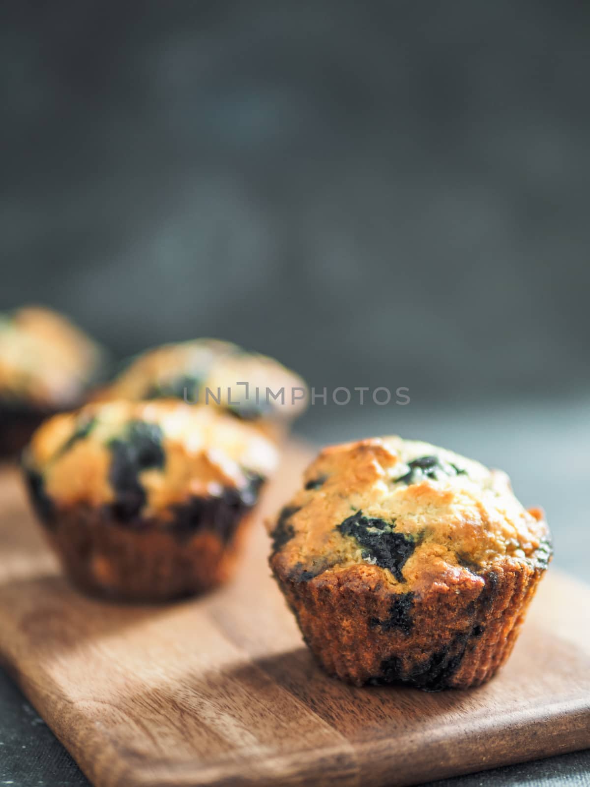 Homemade vegan blueberry muffins on dark background. Copy space for text or design