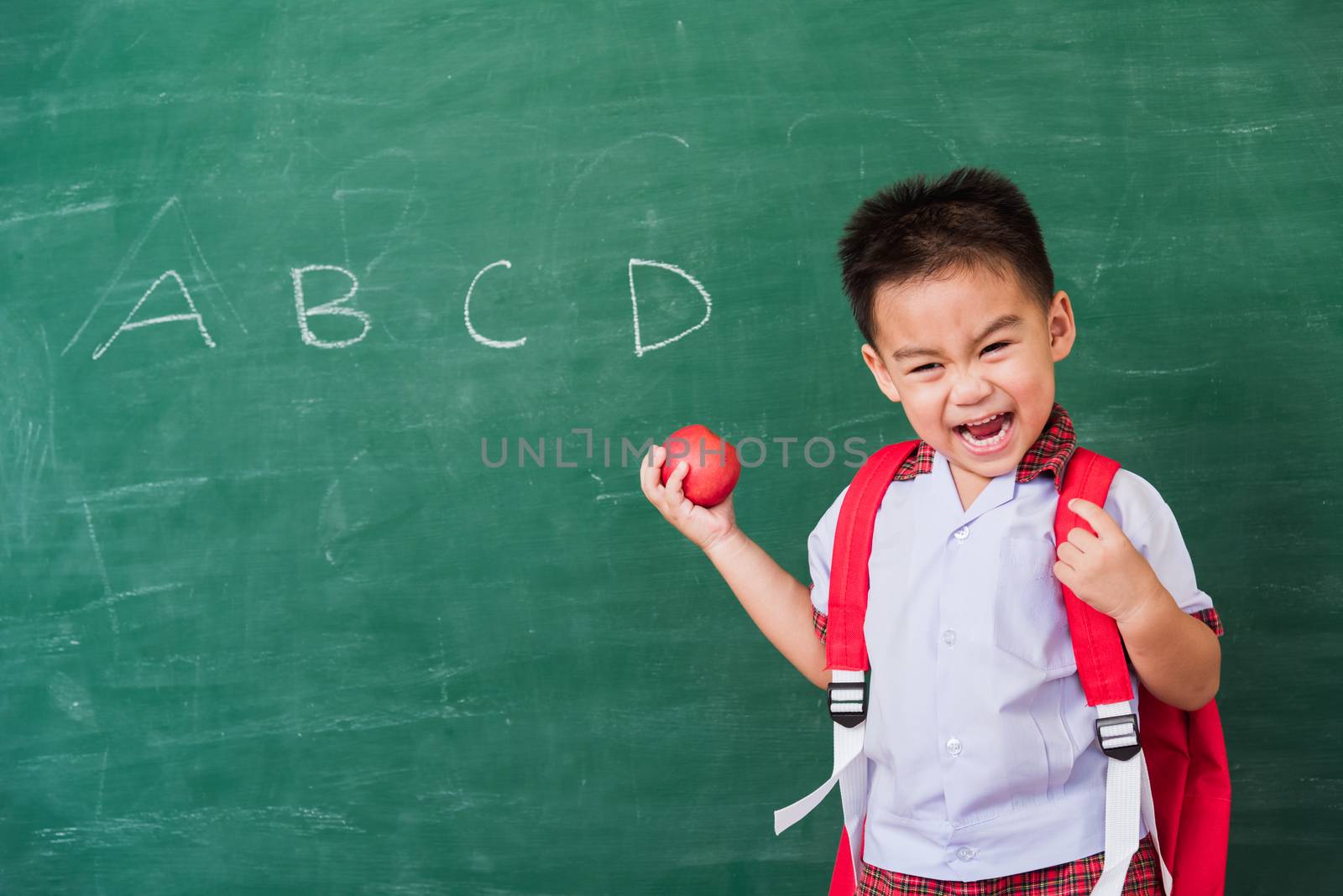 Back to School. Happy Asian funny cute little child boy from kindergarten in student uniform with school bag hold red apple on hand smiling on green school blackboard, First time to school education