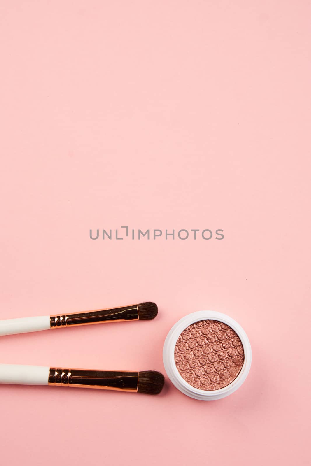 eyeshadow makeup brushes collection professional cosmetics accessories on pink background by SHOTPRIME