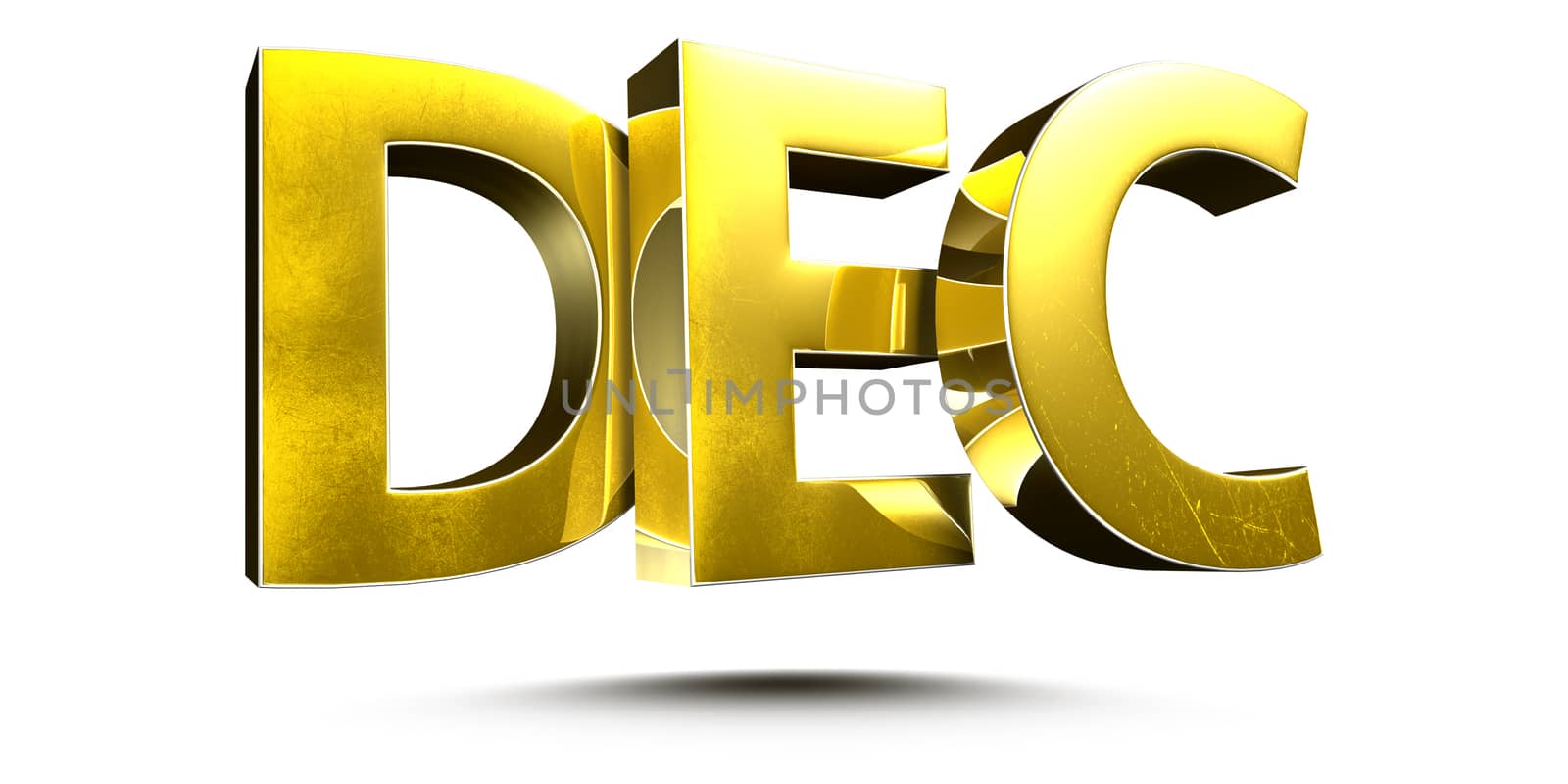 Golden december isolated on white background illustration 3D rendering.(with Clipping Path).