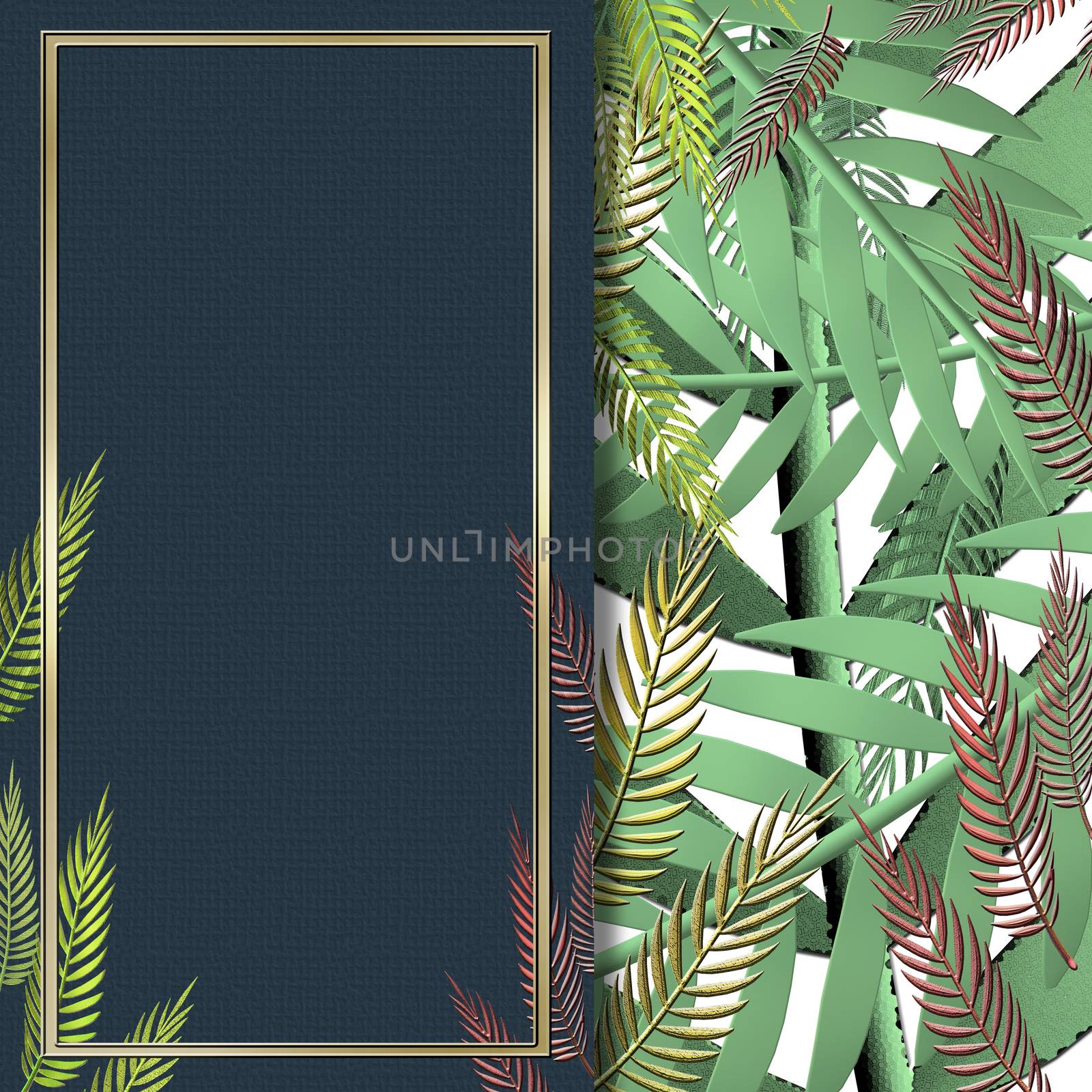 Abstract nature collage of green tropical plants with gold frame. Blue background for text. 3D illustration