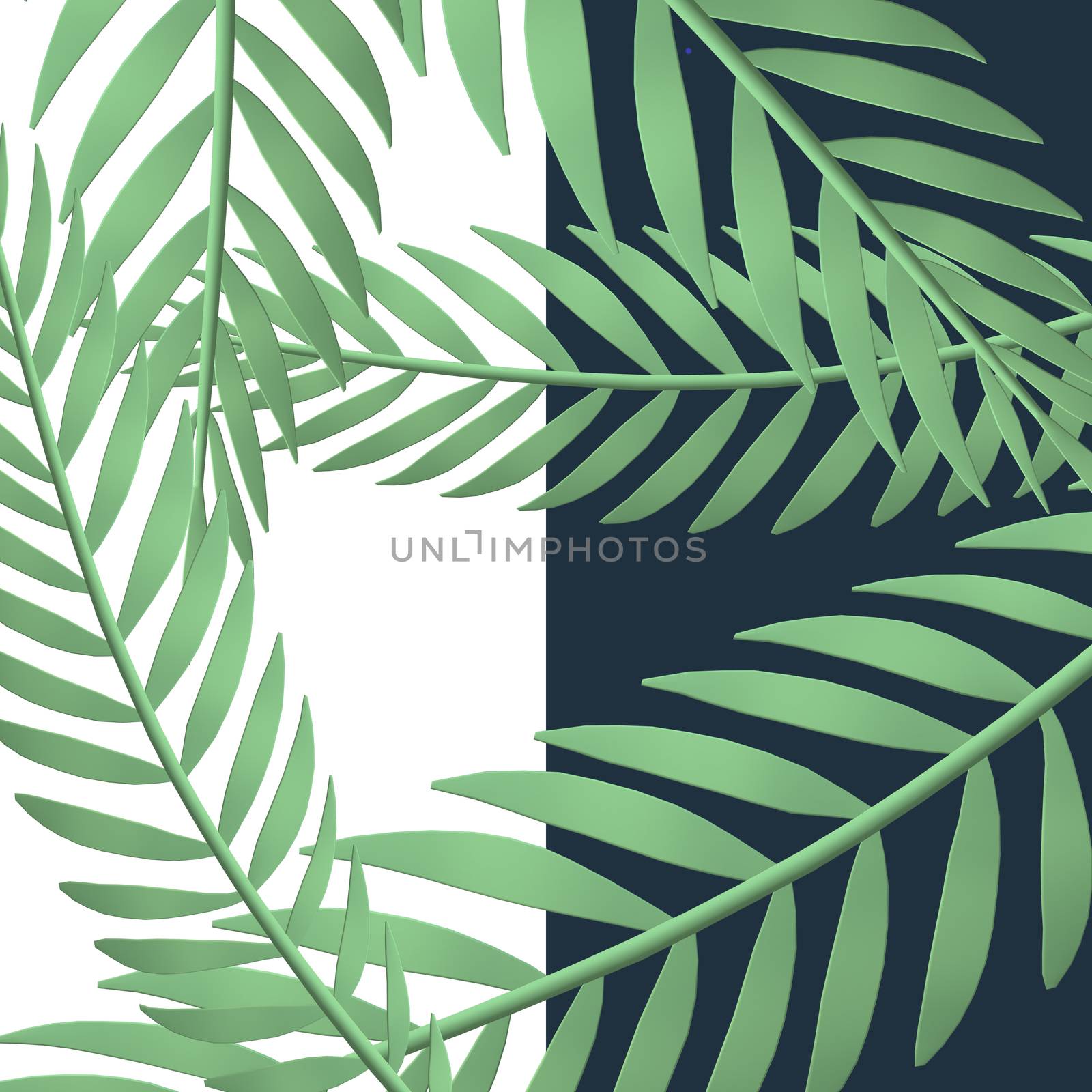 Green tropical leaves on blue white background. Botanical design for cosmetics, spa, perfume, beauty salon, travel agency, florist shop, wedding invitation cards. Place for text. Illustartion