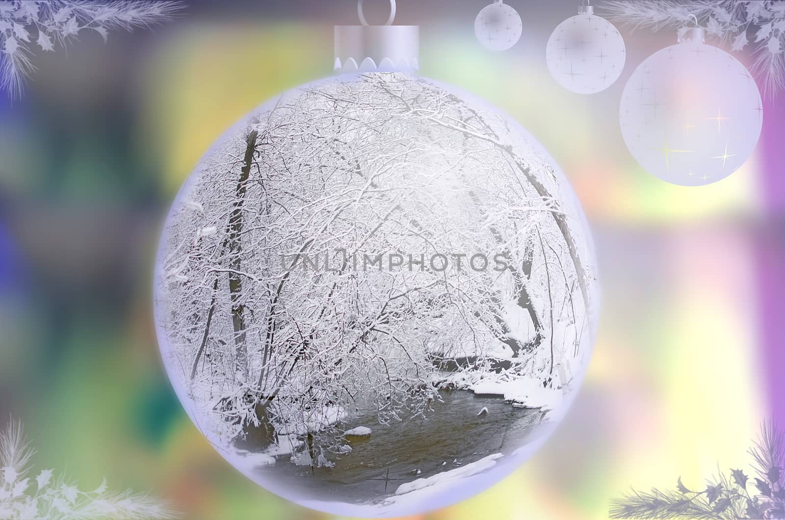 Christmas magic glass ball on blurred background. Cozy winter holiday concept. Christmas and new year decorations, ornaments. Holiday greeting card.