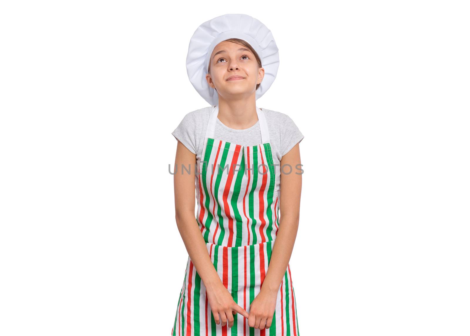 Teen girl in chef hat with emotions showing signs with hands, isolated on a white background.