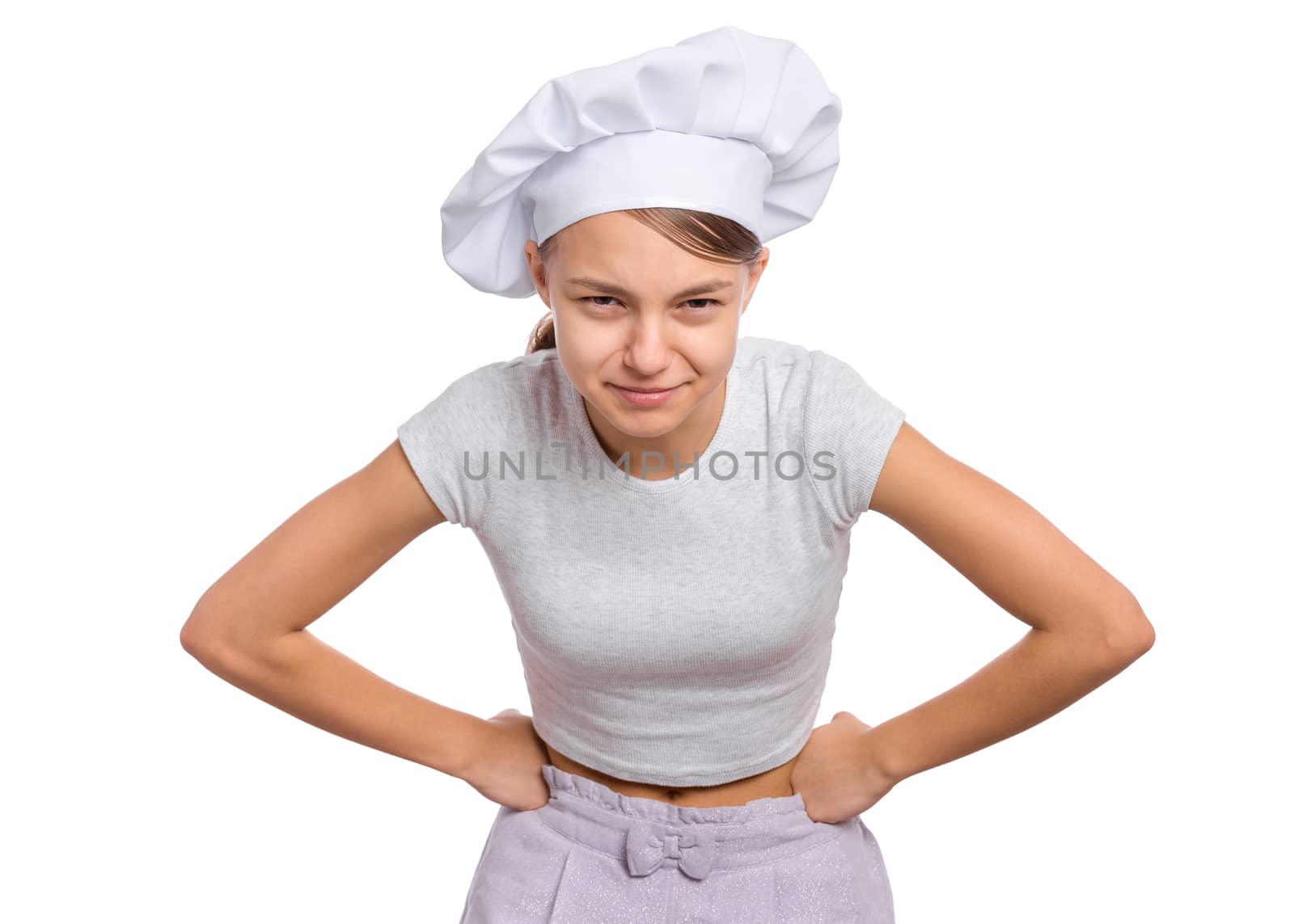 Teen girl in chef hat with emotions showing signs with hands, isolated on a white background.