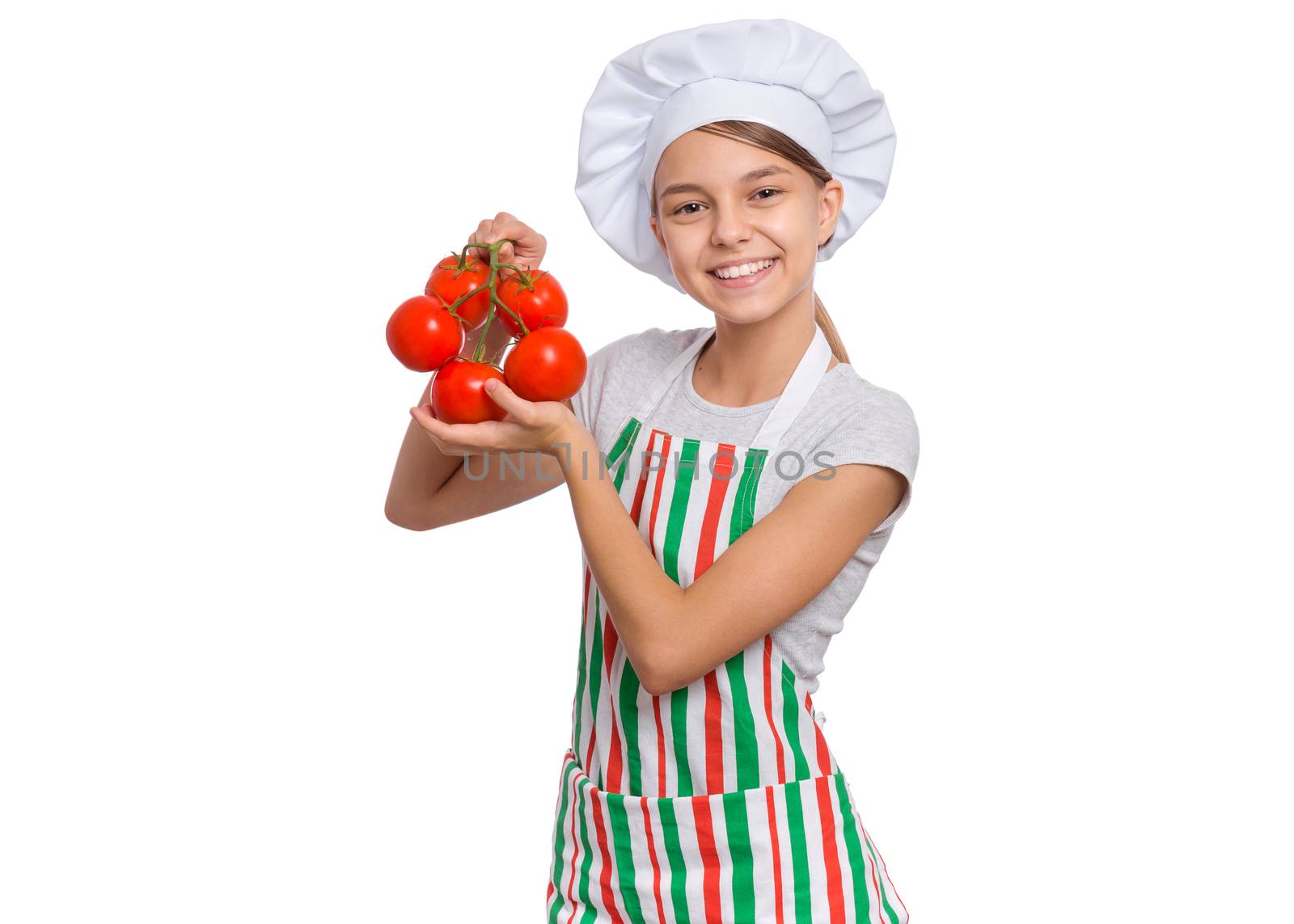 Girl wearing a chef's hat with emotions holding groceries in hands, isolated on white background.