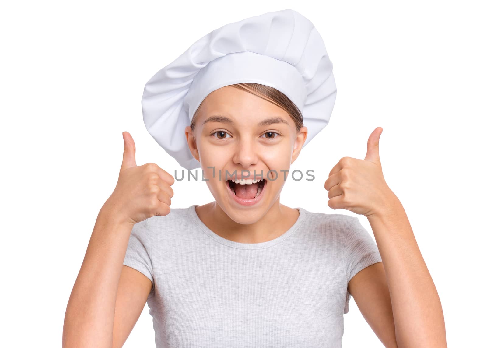 Happy teenage girl wearing chef hat with emotions showing signs with hands, isolated on a white background.