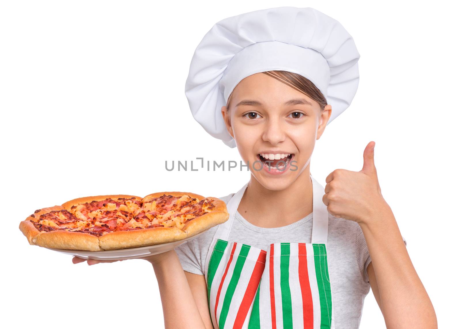 Girl cook in apron holds plate with fresh pizza, isolated on white background.