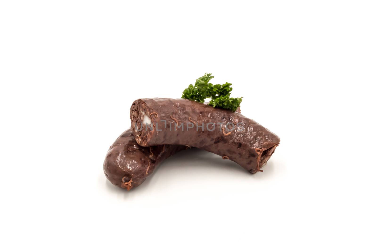 Black pudding blood sausage isolated on a white studio background.