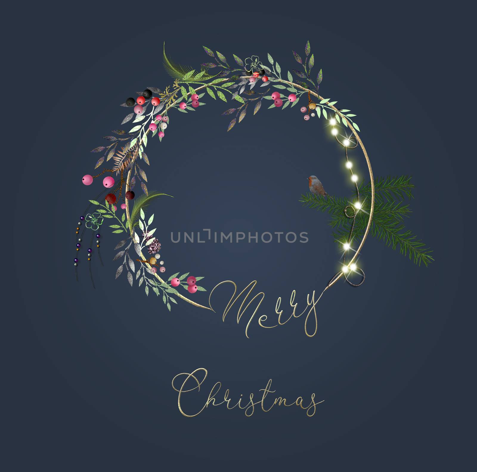 Christmas wreath with floral design on blue background. 3D illustration. Elegant style, floral, holiday