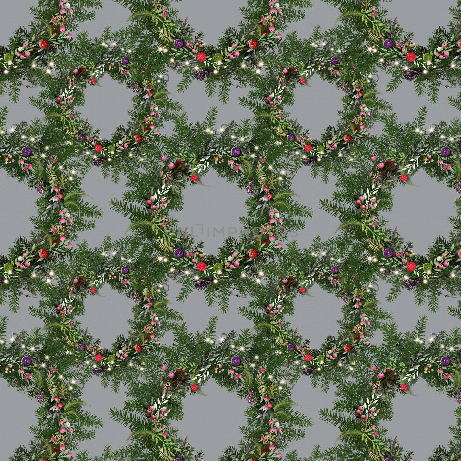 Merry Christmas happy new year luxury seamless pattern of realistic floral colourful Christmas wreath on grey background. 3D illustration