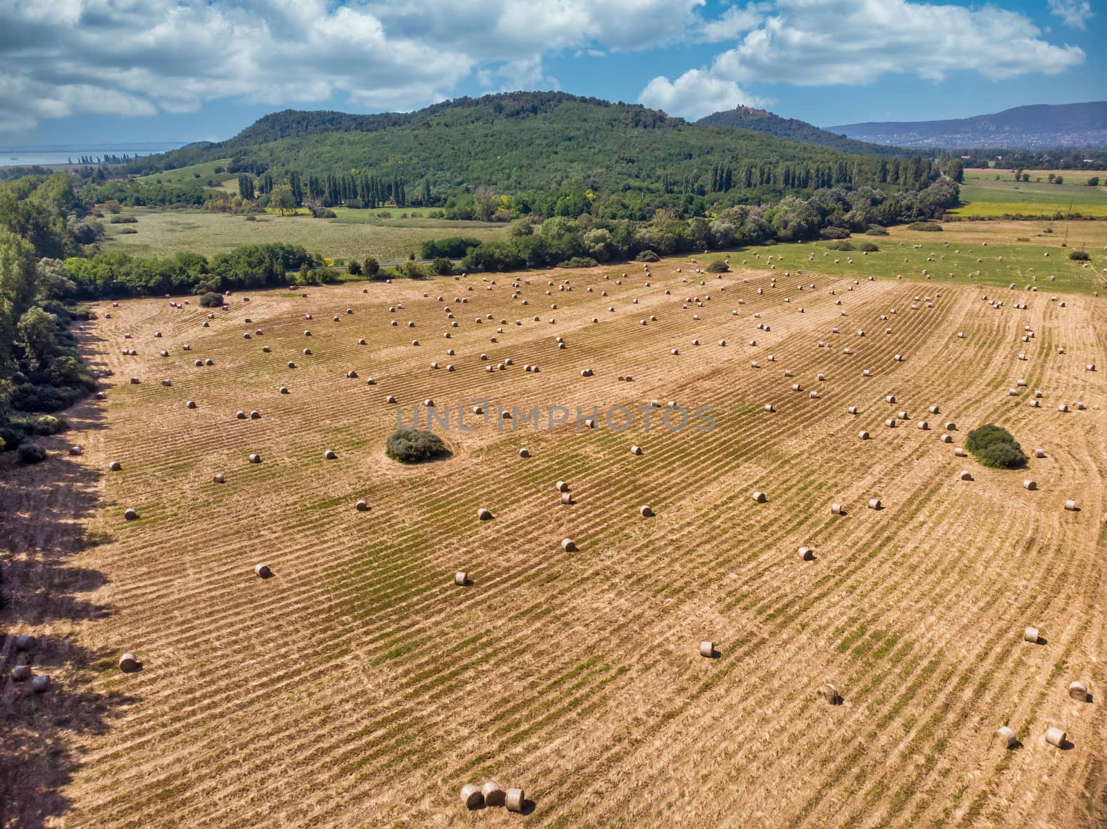 Bales of hay on the field after harvest shot by drone,Hungary near Lake Balaton