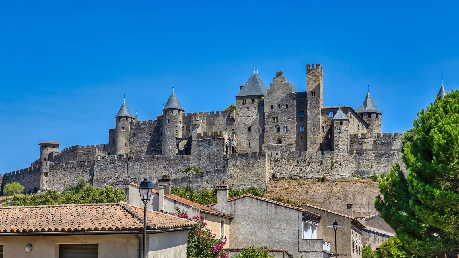 View of famous old castle of Carcassonne in France. by Digoarpi