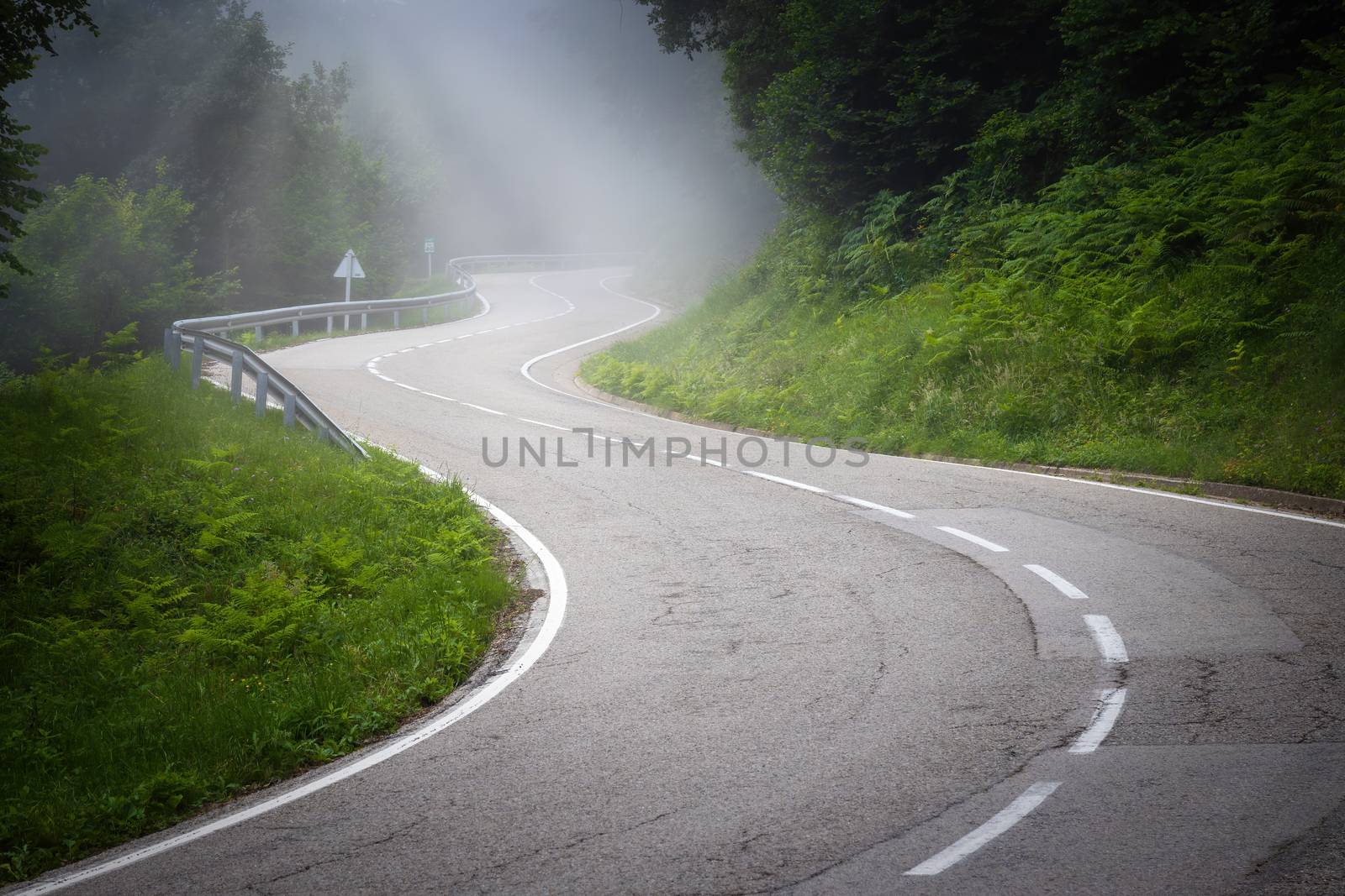 Empty curved road in a foggy day