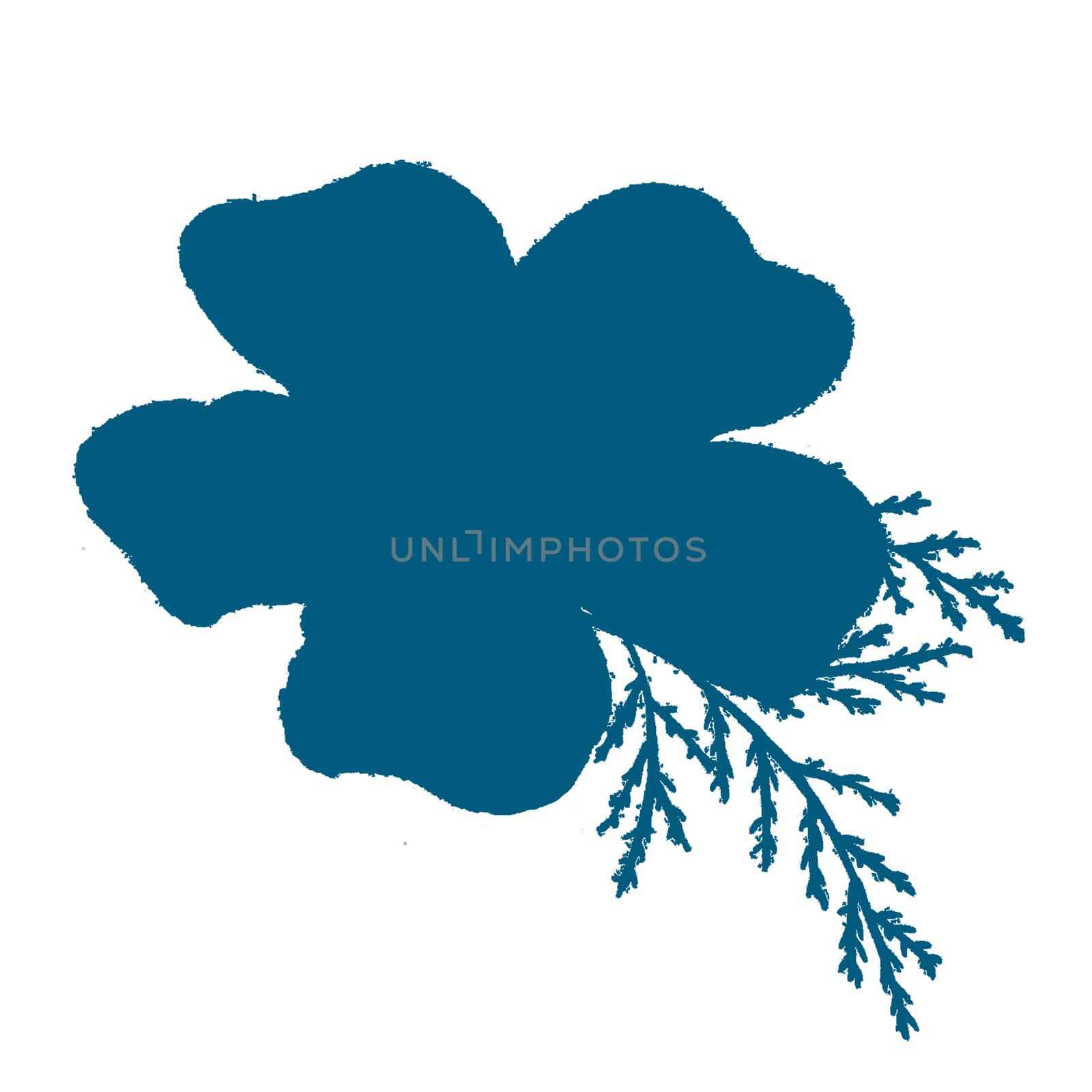 Blue Hand-Drawn Isolated Flower Silhouette. Monochrome Botanical Plant Illustration in Sketch Style. Thin-leaved Marigolds for Print, Tattoo, Design, Holiday, Wedding and Birthday Card.